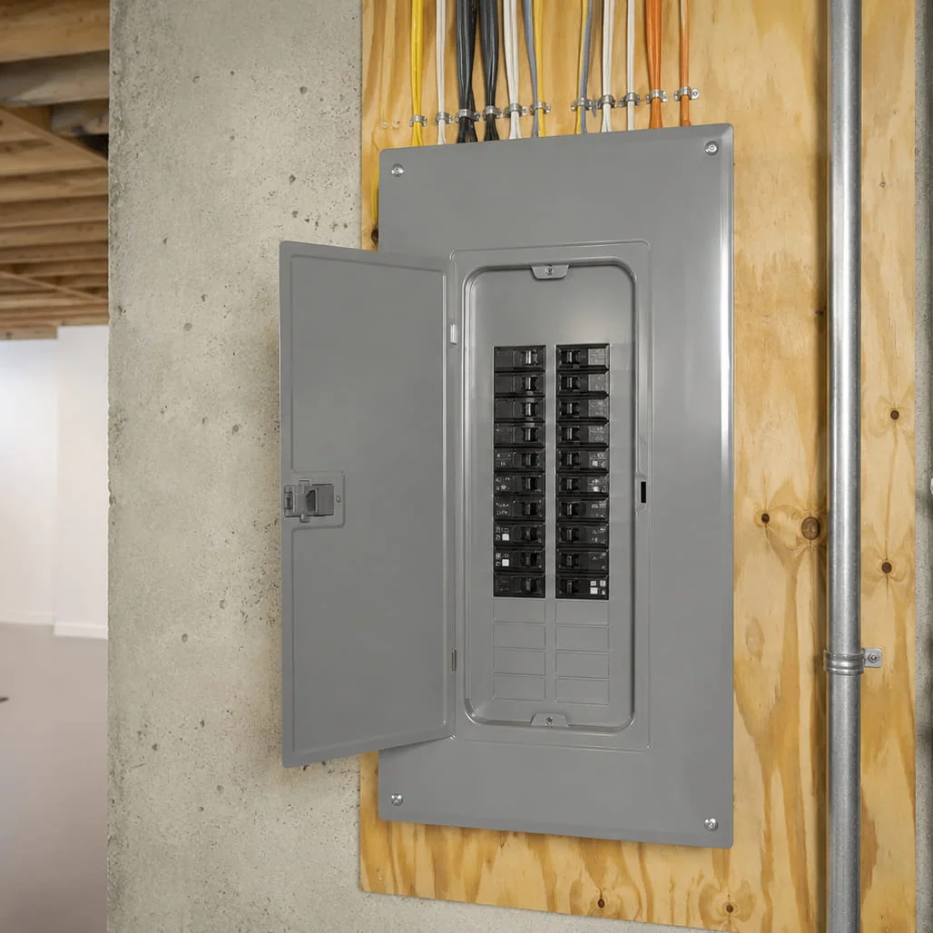 An open electrical service panel mounted on a plywood board with wires running along the top.