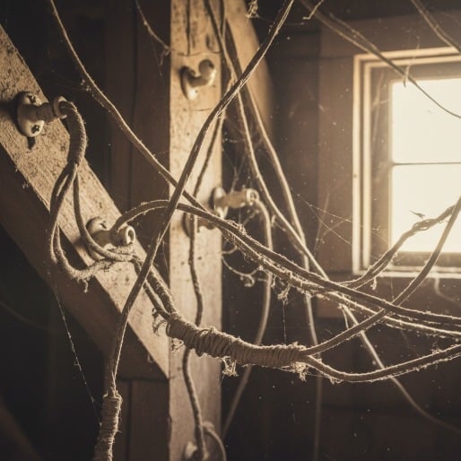 Old electrical wiring with ceramic insulators running along wooden ceiling beams near a window.