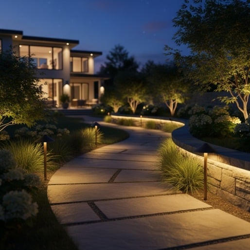 A paved garden path illuminated by landscape lighting at night, leading toward a modern house in the background.