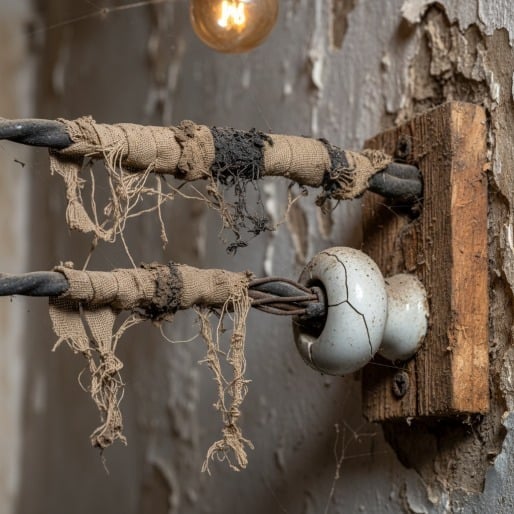 Old knob-and-tube electrical wiring with frayed fabric insulation attached to a weathered wooden block on a damaged wall.