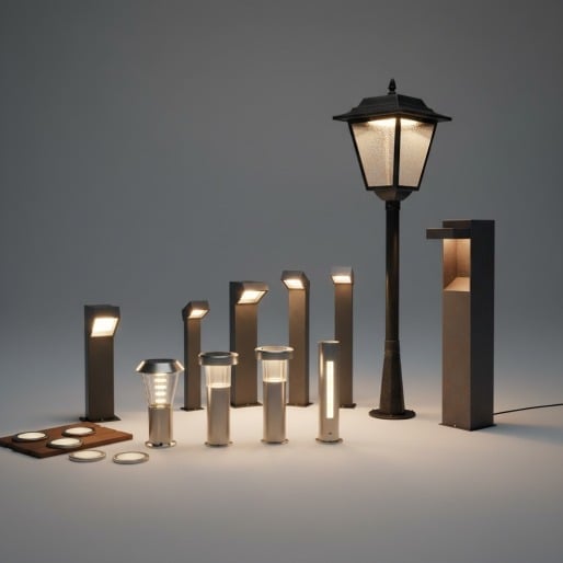A collection of various outdoor lighting fixtures, including path lights, bollards, and a post lamp, arranged on a studio floor.