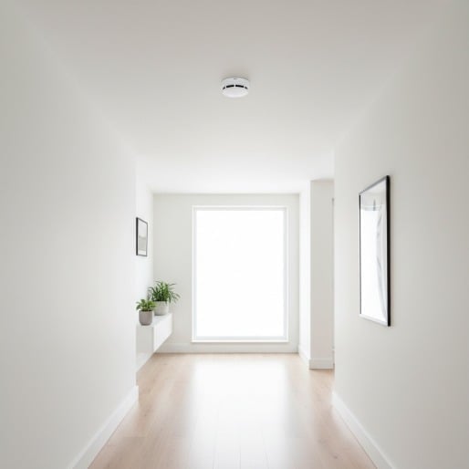 A bright, minimalist hallway with a smoke detector on the ceiling, a floating shelf with two potted plants, and two framed pictures on the walls leading toward a large window.