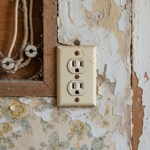 A cracked electrical outlet mounted on a wall with peeling floral wallpaper and exposed electrical wiring.