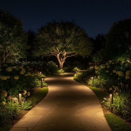 A stone garden path illuminated by low-profile lights at night, flanked by shrubs and a large central tree.