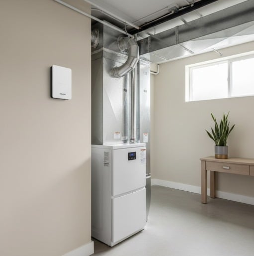 A central furnace unit with overhead ductwork installed in a utility room, with a wall-mounted control panel nearby and a small table with a potted plant.