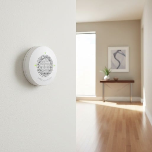 A white circular smoke and carbon monoxide alarm mounted on a wall.