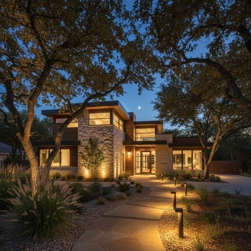 Modern house at twilight with a stone and wood exterior, lit by landscape path lights under large trees.