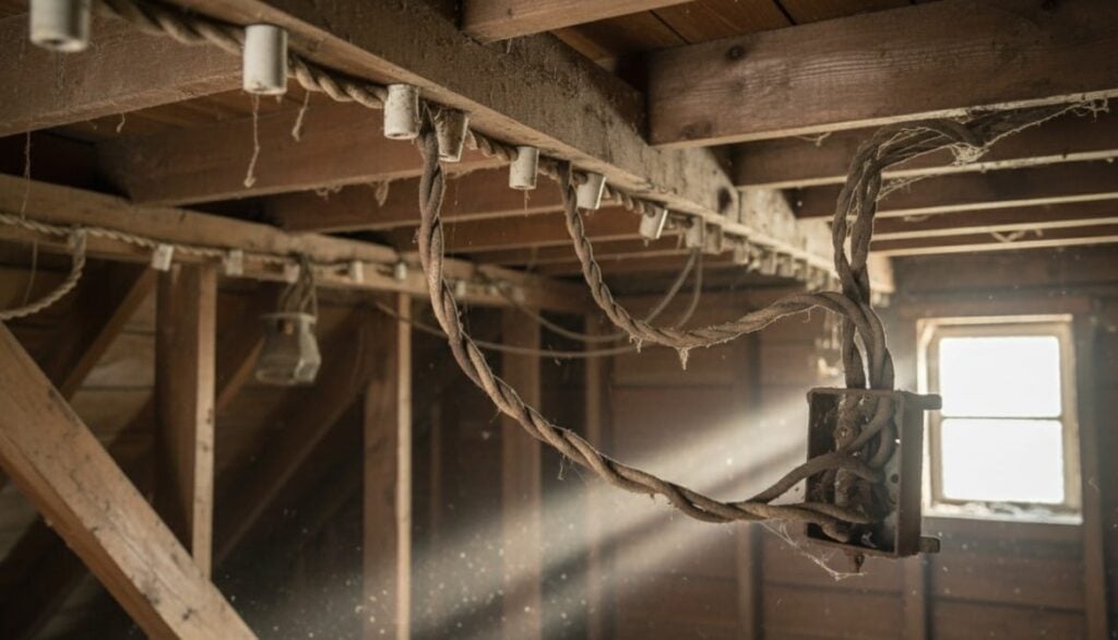 Old knob-and-tube electrical wiring running along wooden rafters in an attic.