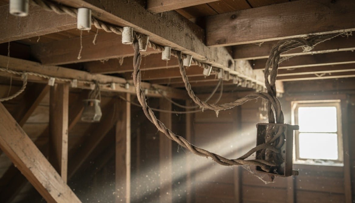 Old knob-and-tube electrical wiring running along wooden rafters in an attic.