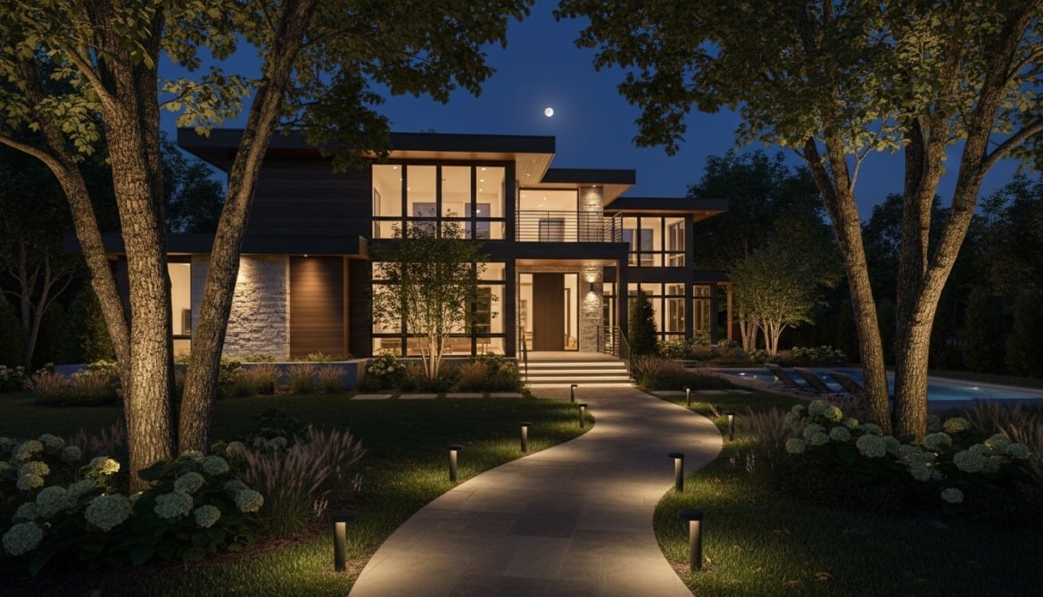 A two-story modern house at night, illuminated by interior lights and a glowing stone pathway leading to the front door.