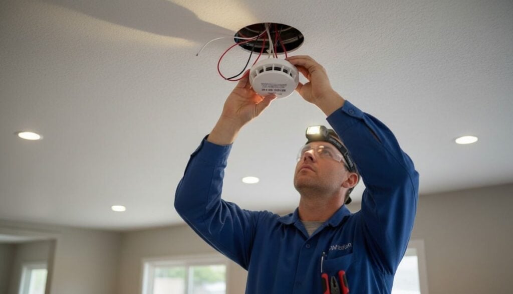 An electrician with a headlamp installs a smoke detector into a ceiling junction box.