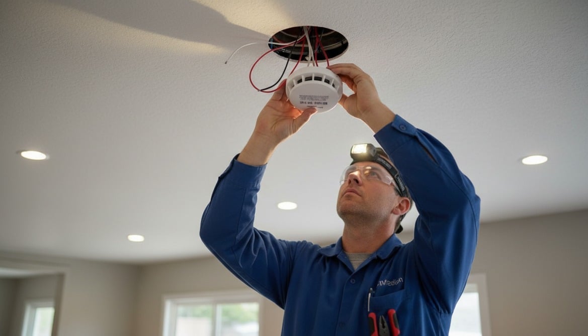 An electrician with a headlamp installs a smoke detector into a ceiling junction box.