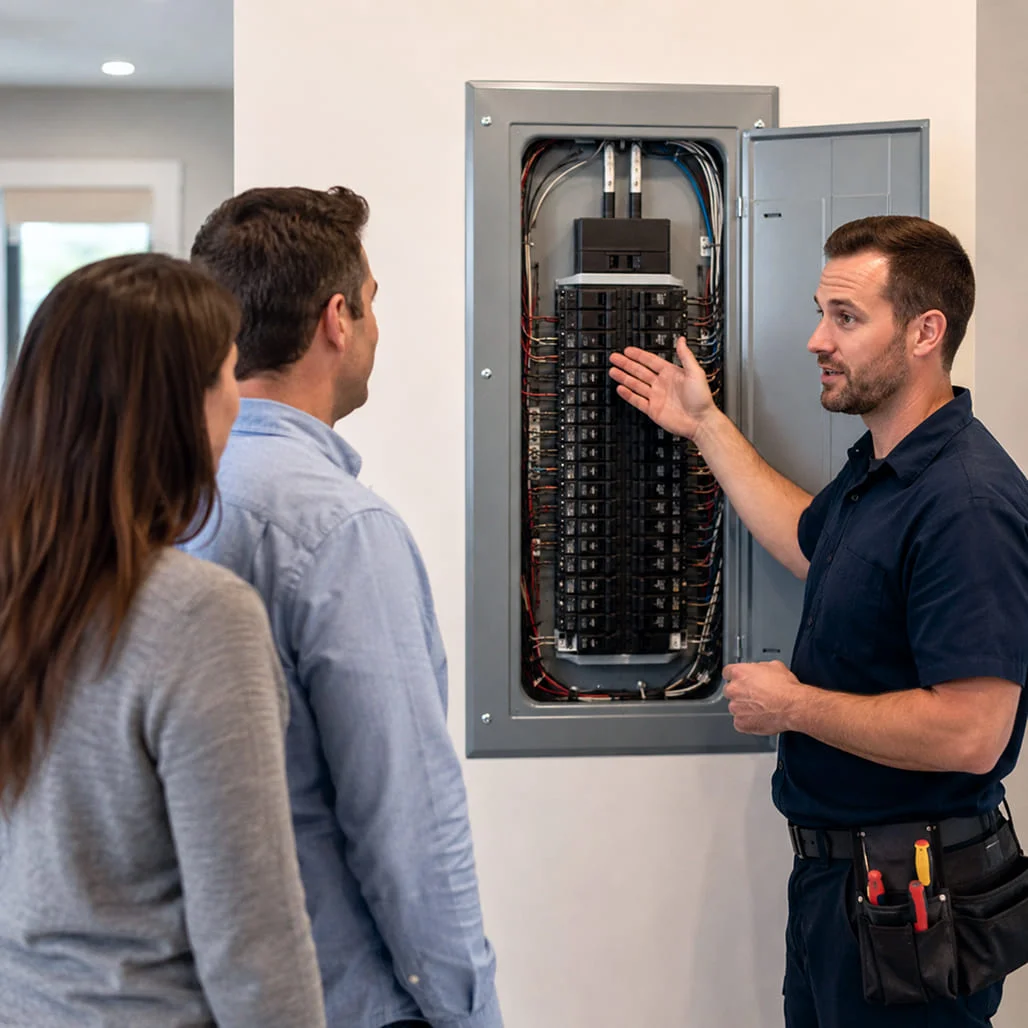 An electrician pointing to an open electrical panel while explaining it to a couple.