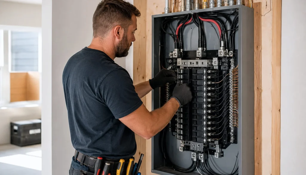 An electrician in gloves working on the interior of an open electrical service panel.